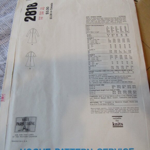 Vogue 2818 Pierre Cardin 1970s Dress 2 Styles Sz 16 Sewing Pattern - Picture 2 of 2